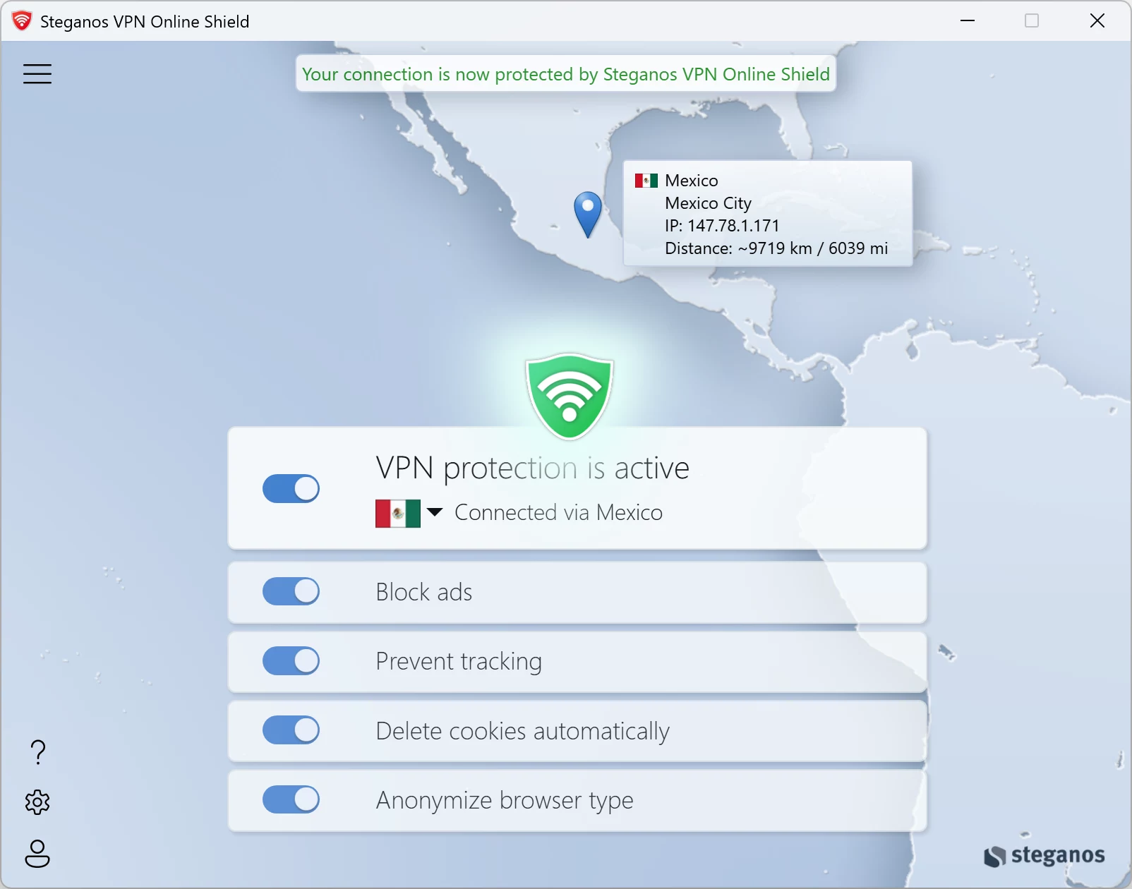 Steganos VPN Online Shield &ndash; os quatro interruptores de proteção no app do Windows